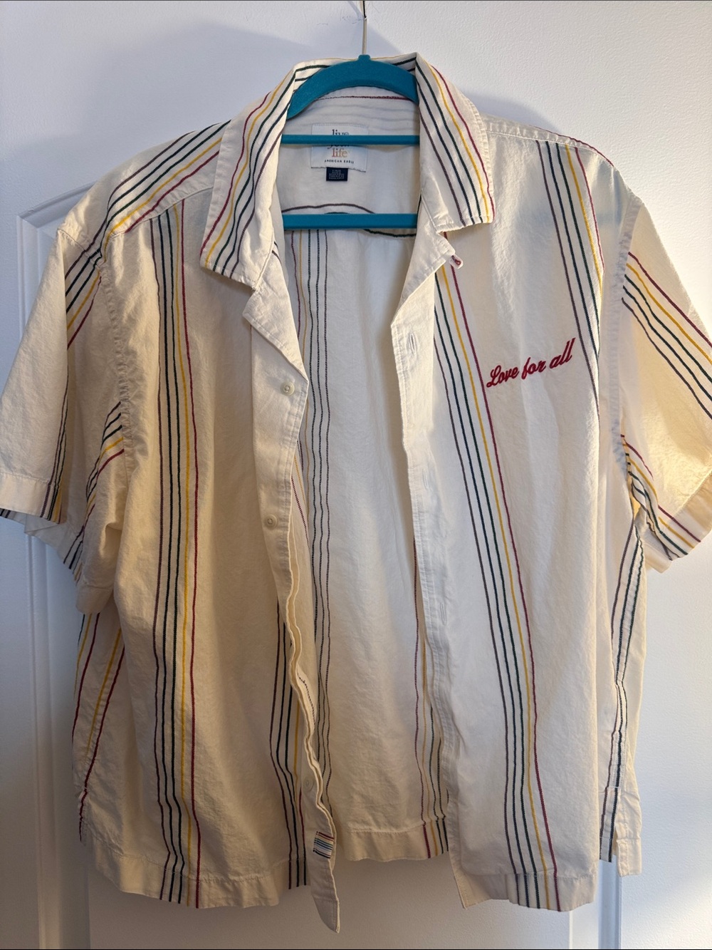 Embroidered Rainbow Stripe Short-Sleeve Button-Down Shirt | Men’s Large